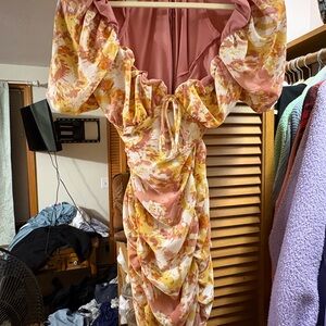 Pink and Yellow Floral Long Sleeve Dress